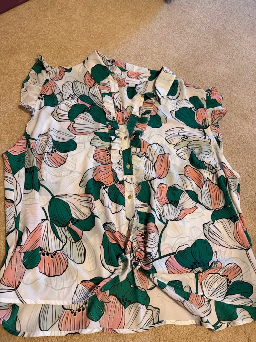 Liz Claiborne Pink and Green Floral Tie-Front Cap Sleeve Blouse